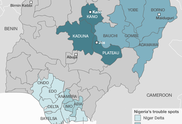 Trouble spots, showing one of Nigeria's faultlines