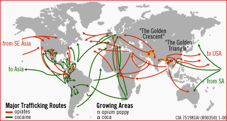 Carte des routes du trafic de drogue dans le monde. Image: CIA.