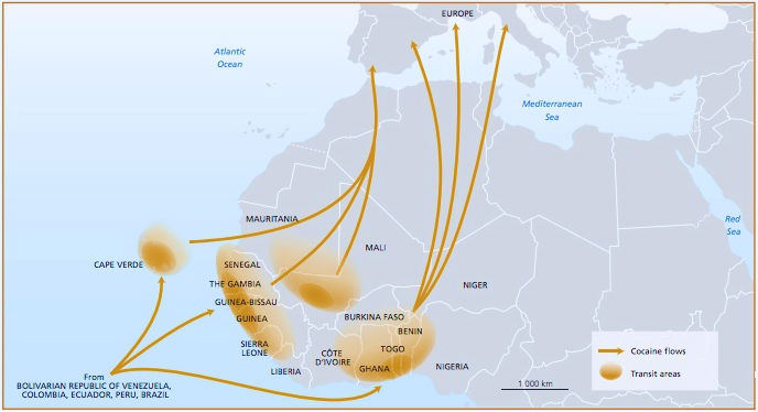 Routes du traffic de la cocaïne à travers l'Afrique de l'Ouest. Source: Nations Unies 