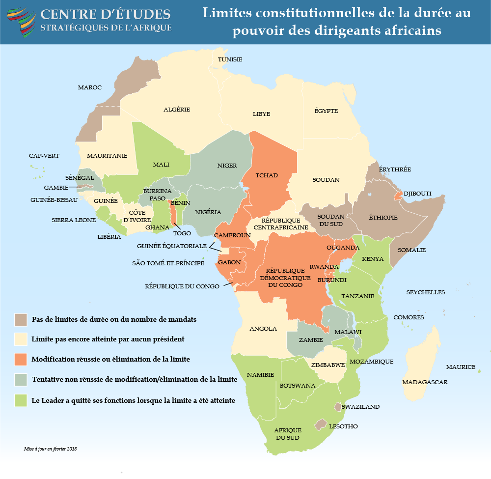 Carte - Limites contitutionelles de la duree au pouvoir des dirigeants africains