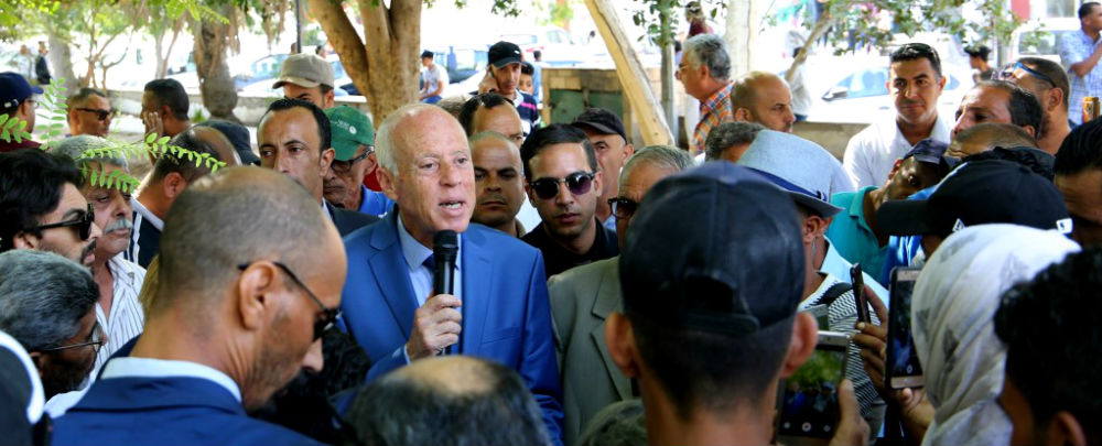 Kais Saied parle à une foule dans la ville de Gafsa, Tunisie, le 7 septembre 2019.