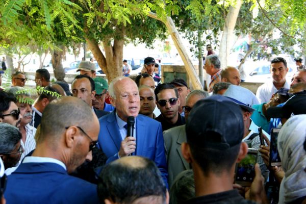 Kais Saied speaks to a crowd in the city of Gafsa on September 7, 2019, ahead of Tunisia's elections. (Photo: Moneem Sakhri / AFP)