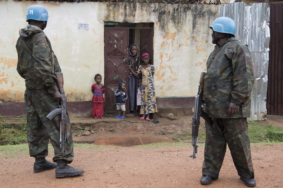 Military and police peacekeepers serving with the UN Multidimensional Integrated Stabilization Mission in the Central African Republic (MINUSCA) patrol the Muslim enclave of PK5 in Bangui.