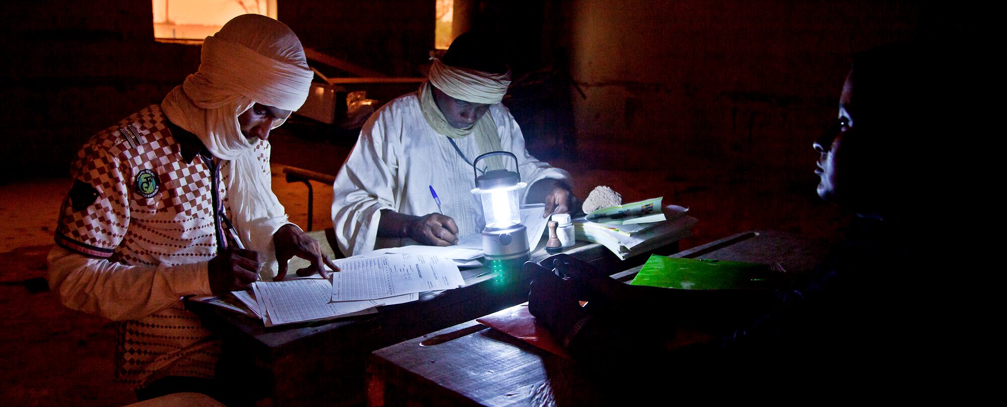 Election results in Mali being tallied by lamplight
