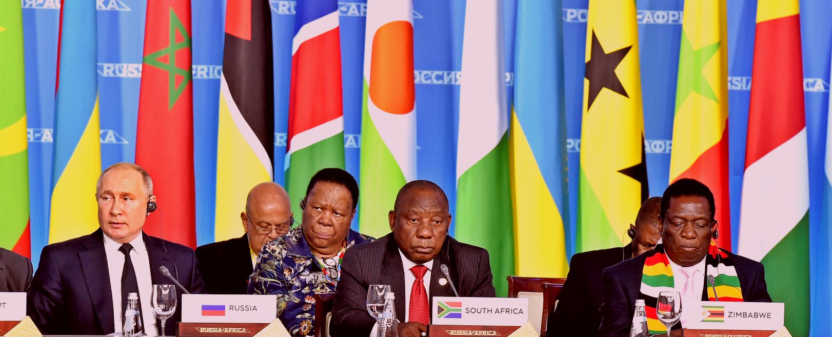 Vladimir Putin and African leaders at the 2019 Russia–Africa summit in Sochi, Russia.