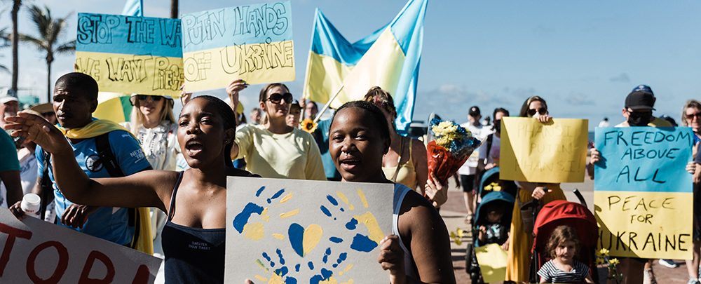 Protestors march in Durban, South Africa, against Russia's invasion of Ukraine
