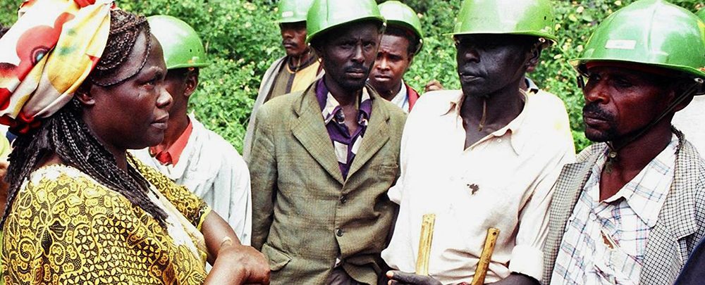 Kenya's Nobel Prize laureate Wangari Maathai confronting hired security forces during a Green Belt Movement operation.