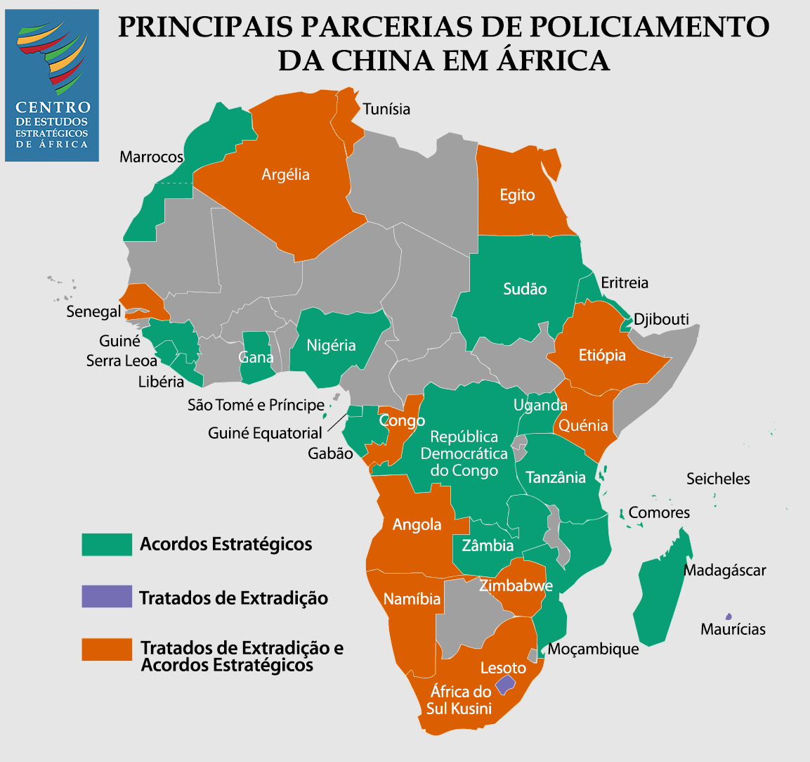 Mapa das principais parcerias de policiamento da China na África