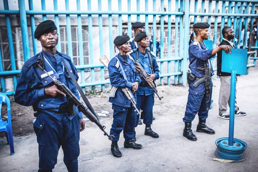 DRC police standing guard outside the electoral commission (CENI).