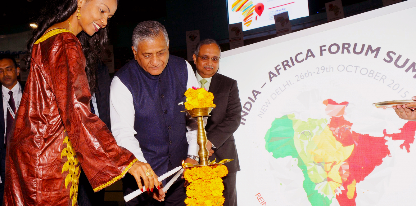African Union Commissioner for Trade and Industry Fatima Haram Acyl (left) and India Minister of State for External Affairs Vijay Kumar Singh (center) at the Third India-Africa Forum Summit in October 2015 in New Dehli, India.
