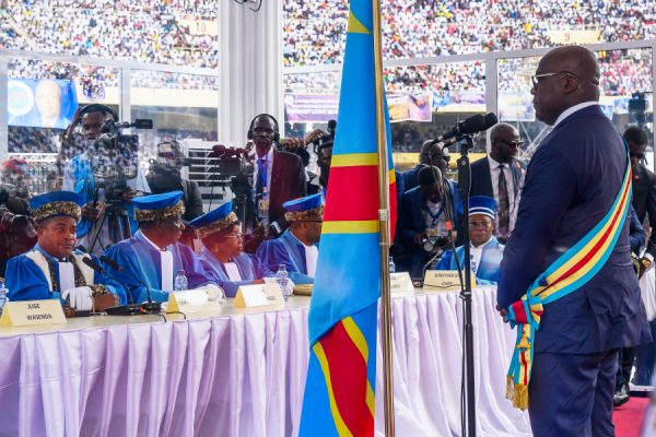 DRC President Felix Tshisekedi appears with the judges of the Constitutional Court during his swearing-in ceremony on January 20, 2024