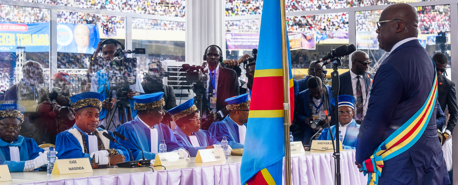 DRC President Felix Tshisekedi appears with the judges of the Constitutional Court during his swearing-in ceremony on January 20, 2024.