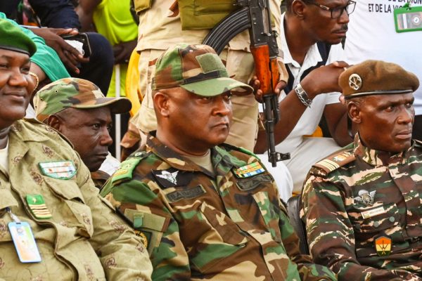 Niger's junta leaders: Colonel Mamane Sani Kiaou (L), General Moussan Salaou Barmou (C) and Colonel Ibroh Bachirou (2-R). (Photo by AFP)