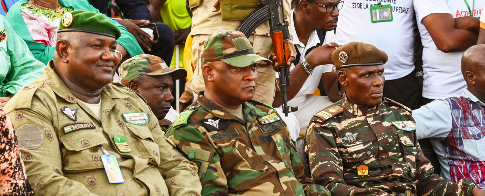 Niger's National Council for Safeguard of the Homeland (CNSP) leaders Colonel Mamane Sani Kiaou (L), General Moussan Salaou Barmou (C) and Colonel Ibroh Bachirou (2-R)