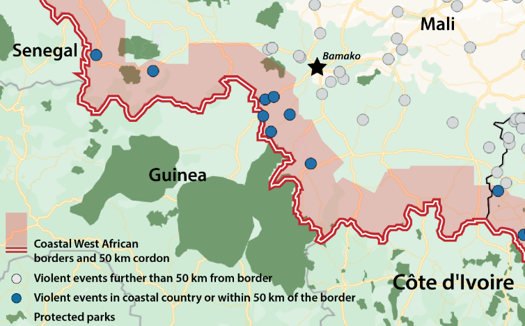 Guinea detail of Militant Islamist-Linked Violent Events bordering Coastal West Africa