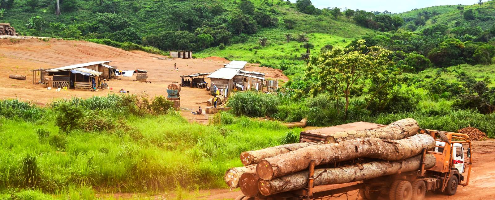 Photo showing an area of exposed soil as a truck full of logs drives away.