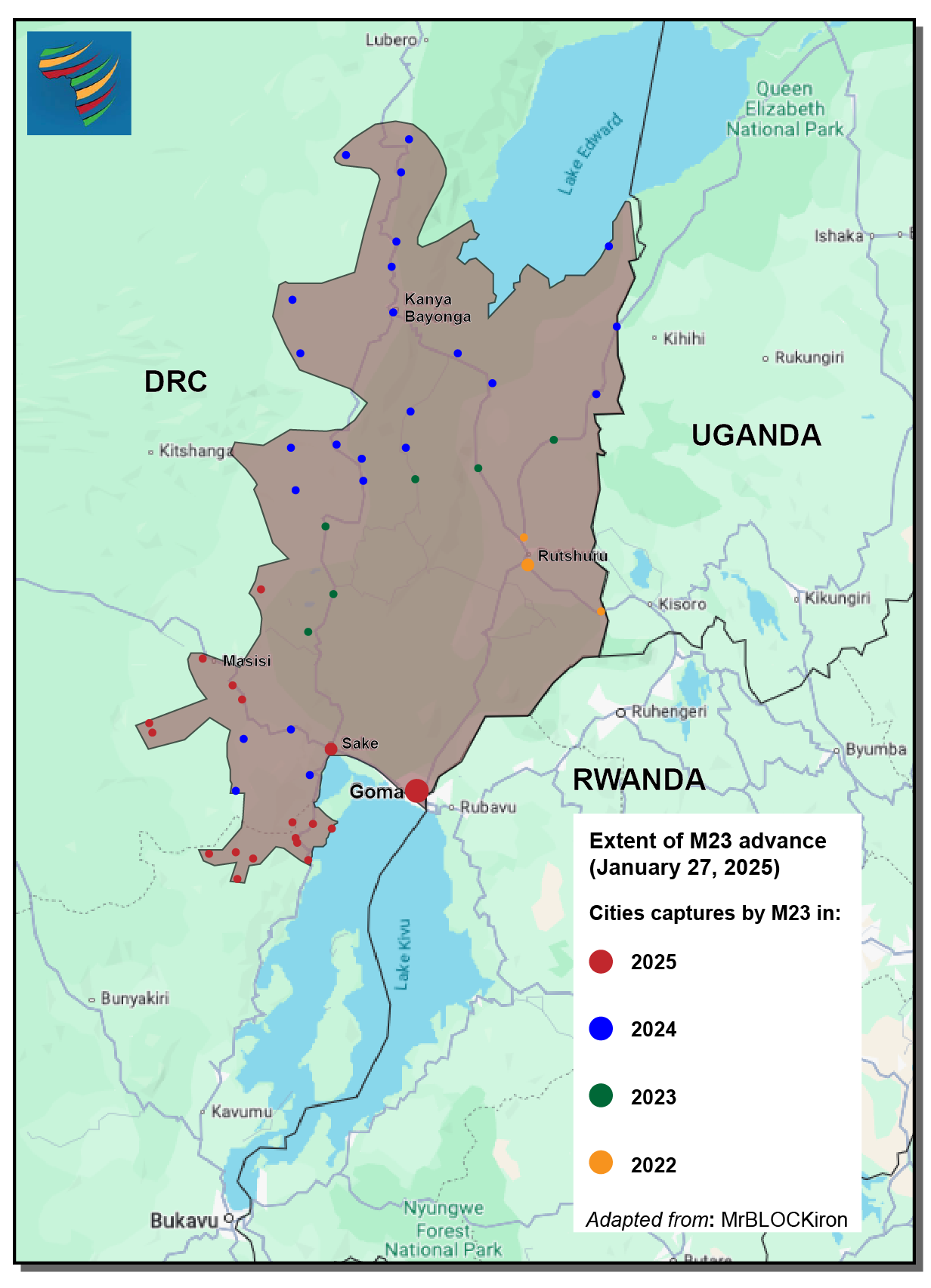 Map of the DRC-Uganda-Rwanda border area, showing M23-controlled territory in brown, with red dots for cities captured in 2025.