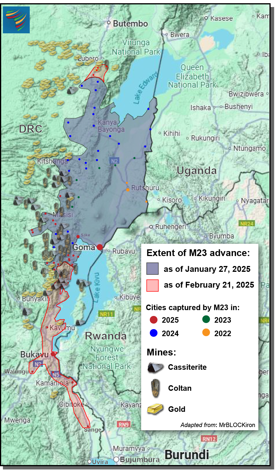 A map of the Eastern DRC and western Uganda, Rwanda, and Burundi, with shaded area showing M23-controlled territory as well as the locations of mines producing gold, coltan, and cassiterite.