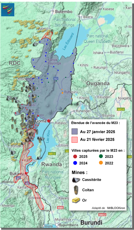 A map of the Eastern DRC and western Uganda, Rwanda, and Burundi, with shaded area showing M23-controlled territory as well as the locations of mines producing gold, coltan, and cassiterite.