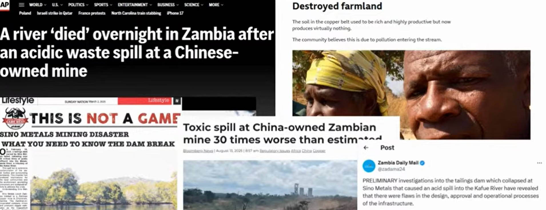 Kafue River Spill Media Montage of headlines and articles covering the impact of the Kafue River spill.