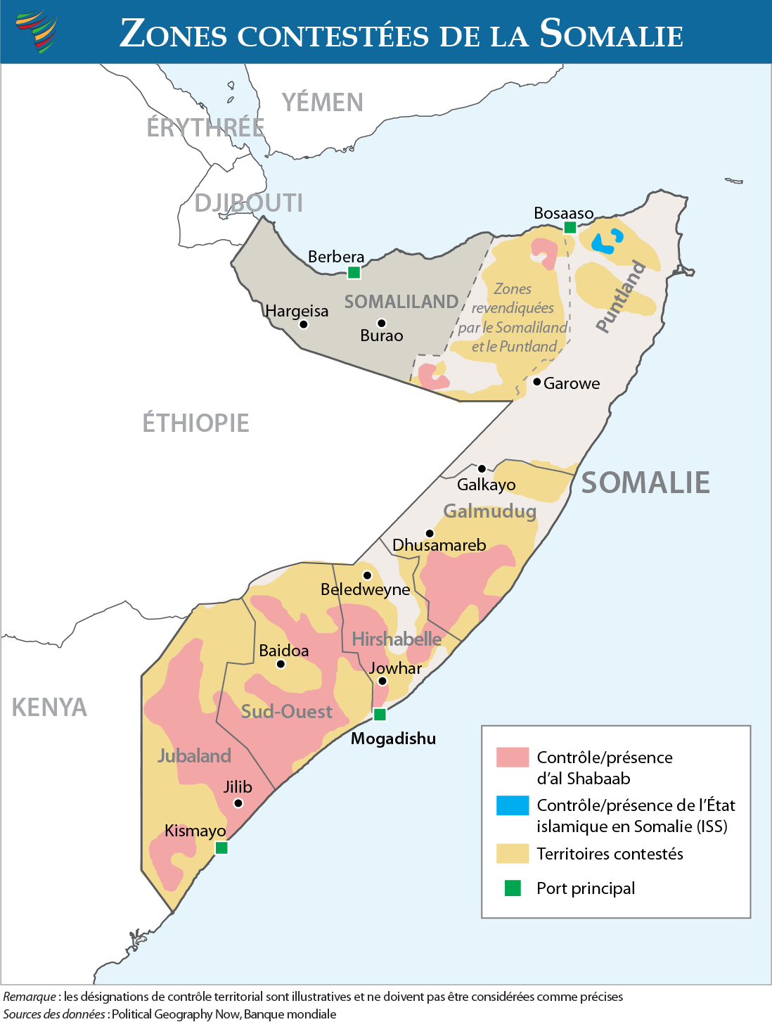 Zones contestées de Somalie Carte de la Somalie montrant les zones contrôlées ou occupées par le gouvernement fédéral, par Al-Shabaab et par l'État islamique en Somalie, ainsi que les zones contestées par plusieurs acteurs.
