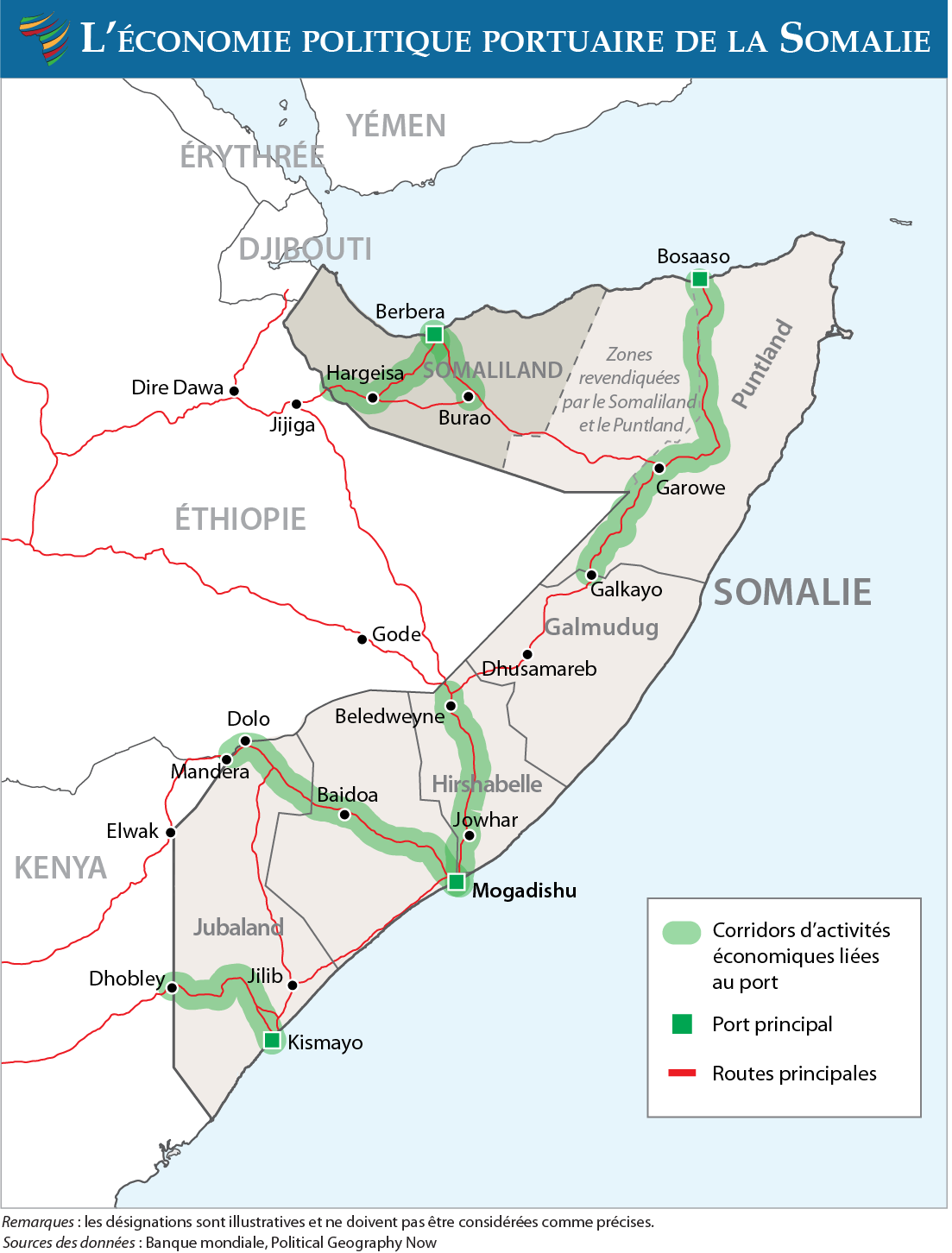 Carte de la Somalie montrant les principaux ports, les routes et les corridors d'activité économique liés aux ports. Carte de la Somalie montrant les principaux ports, les routes et les corridors d'activité économique liés aux ports.