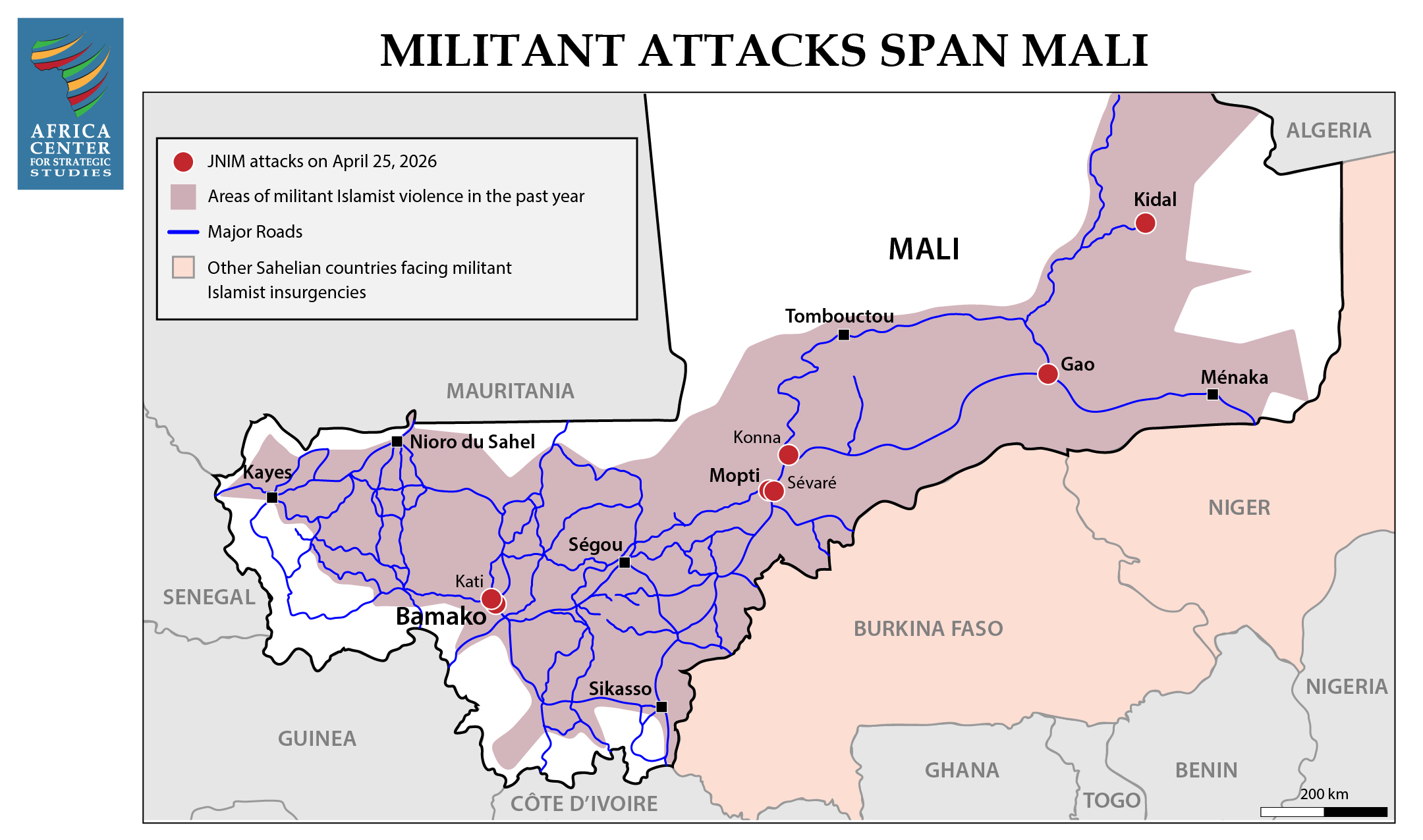 Map of southern and central Mali, showing the April 25, 2026, attacks as dots, as well as a large colored area indicating militant Islamist violence over the past year.