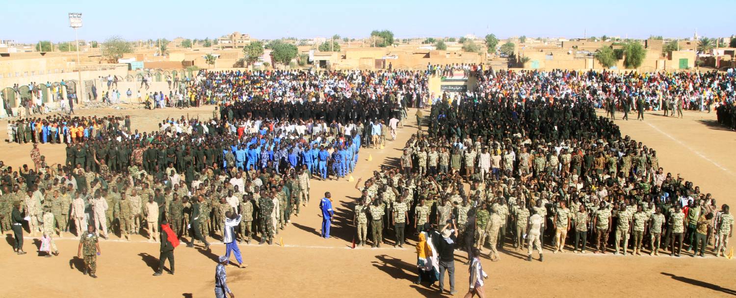 Sudanese military soldiers gather after completing a training course
