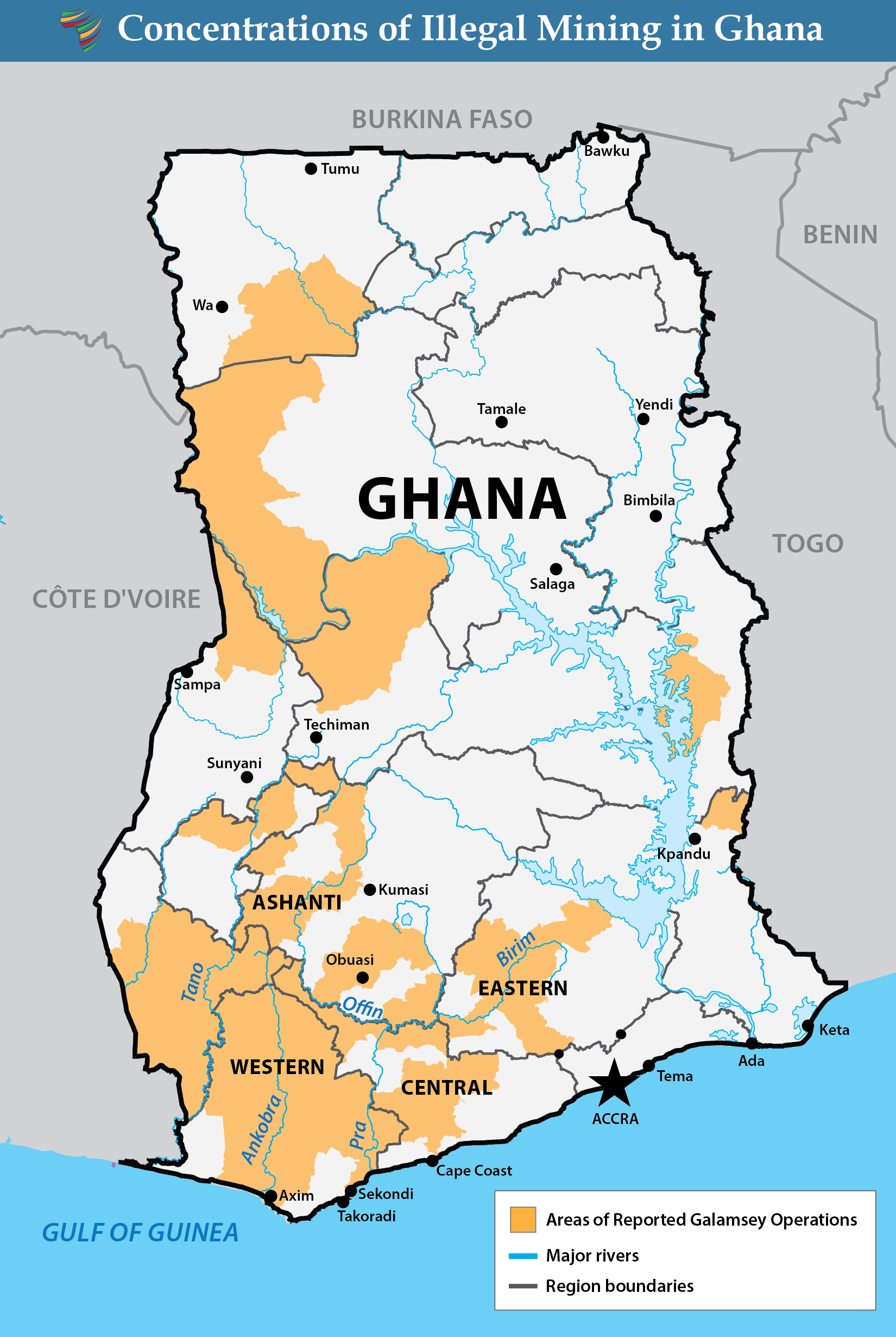 Map of Ghana showing vast areas of illegal mining in the west, across the south, and smaller areas in the southeast.