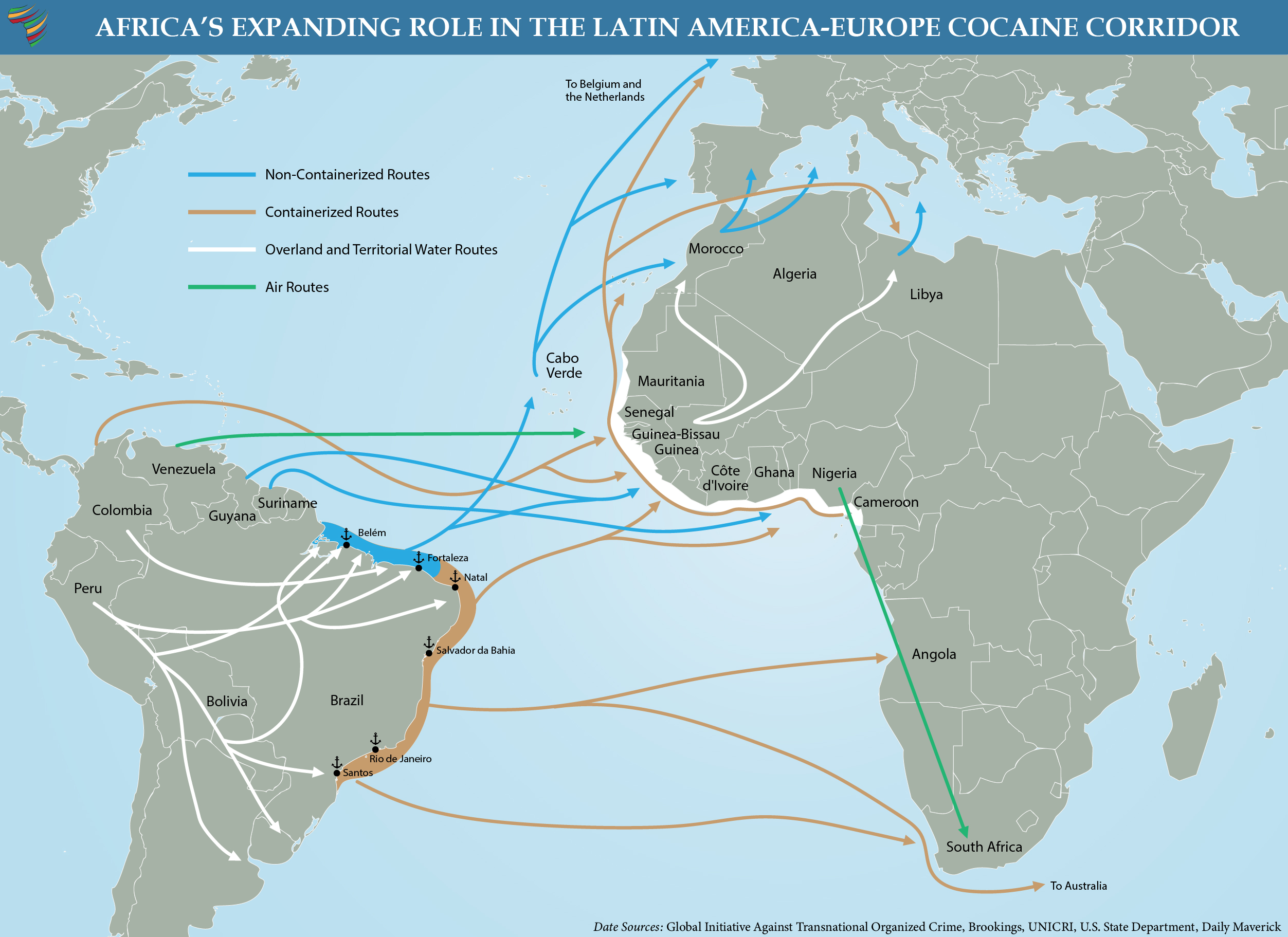 Africa's Expanding Role in the Latin American–Europe Cocaine Corridor Map showing cocaine routes from Latin America to Africa to Europe, color coded by 4 types: (1) containerized sea routes, (2)non-containerized sea routes, (3)air routes, and (4) overland and territorial water routes.
