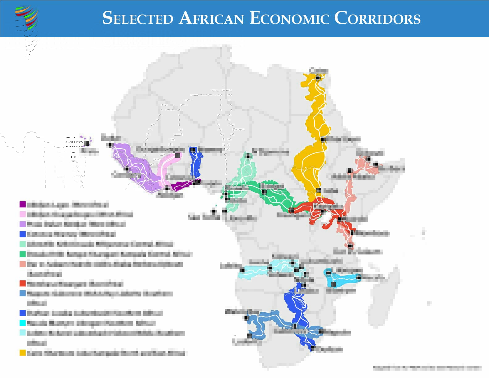 Map of Africa showing 12 economic corridors, color-coded by region