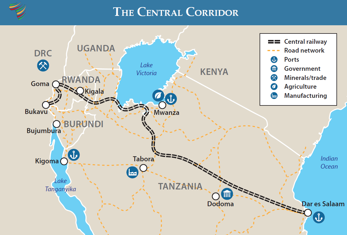 Map of Africa's Central Corridor, connecting Tanzania, Rwanda, Burundi, and the eastern DRC to the Port of Dar es Salaam through roads, railways, and inland waterways. Key nodes include Goma, Bukavu, Kigali, Bujumbura, Kigoma, Mwania, Tabora, Dodoma, and Dar es Salaam.