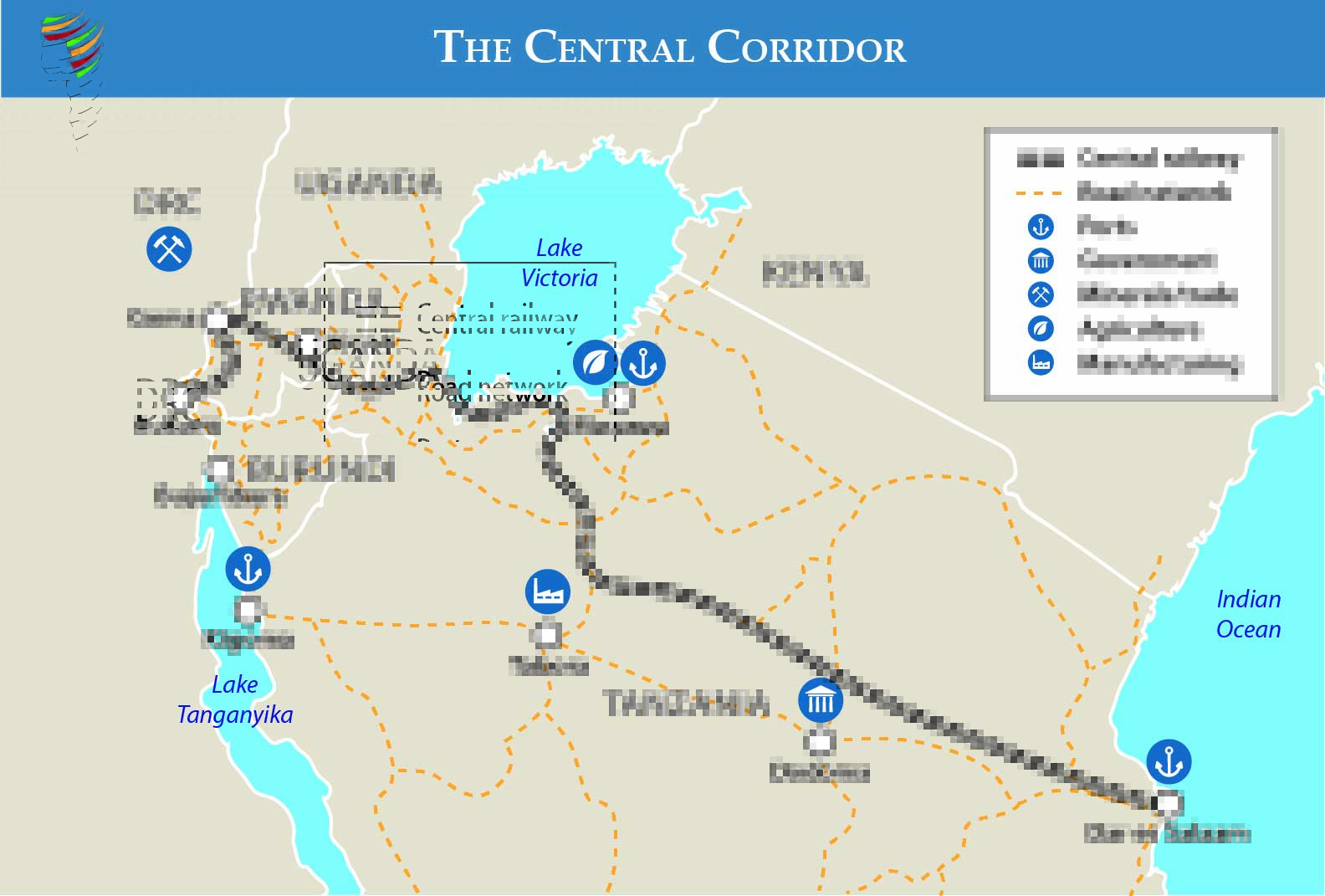 Map of Africa's Central Corridor, connecting Tanzania, Rwanda, Burundi, and the eastern DRC to the Port of Dar es Salaam through roads, railways, and inland waterways. Key nodes include Goma, Bukavu, Kigali, Bujumbura, Kigoma, Mwania, Tabora, Dodoma, and Dar es Salaam.